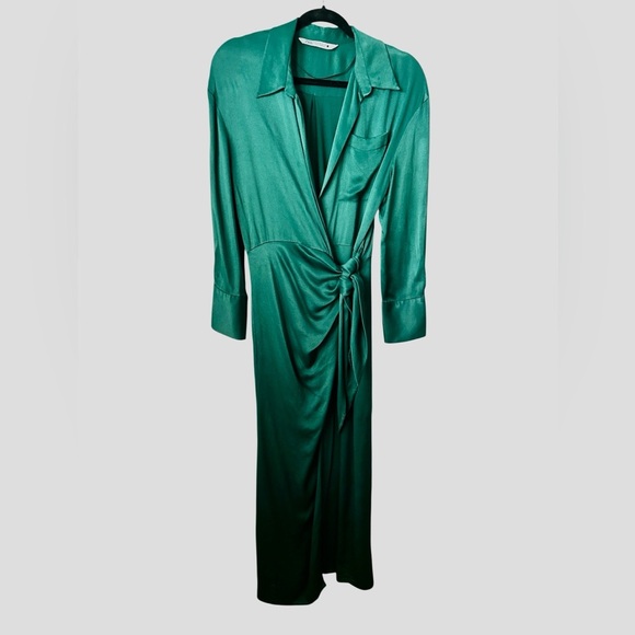 ZARA Limited Edition Green Long Sleeves Maxi Wrap Around Medium Cocktail Dress - Picture 1 of 13